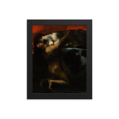 The Kiss of the Sphinx by Franz von Stuck, 1895 framed print on a plain backdrop in size 8"x10".