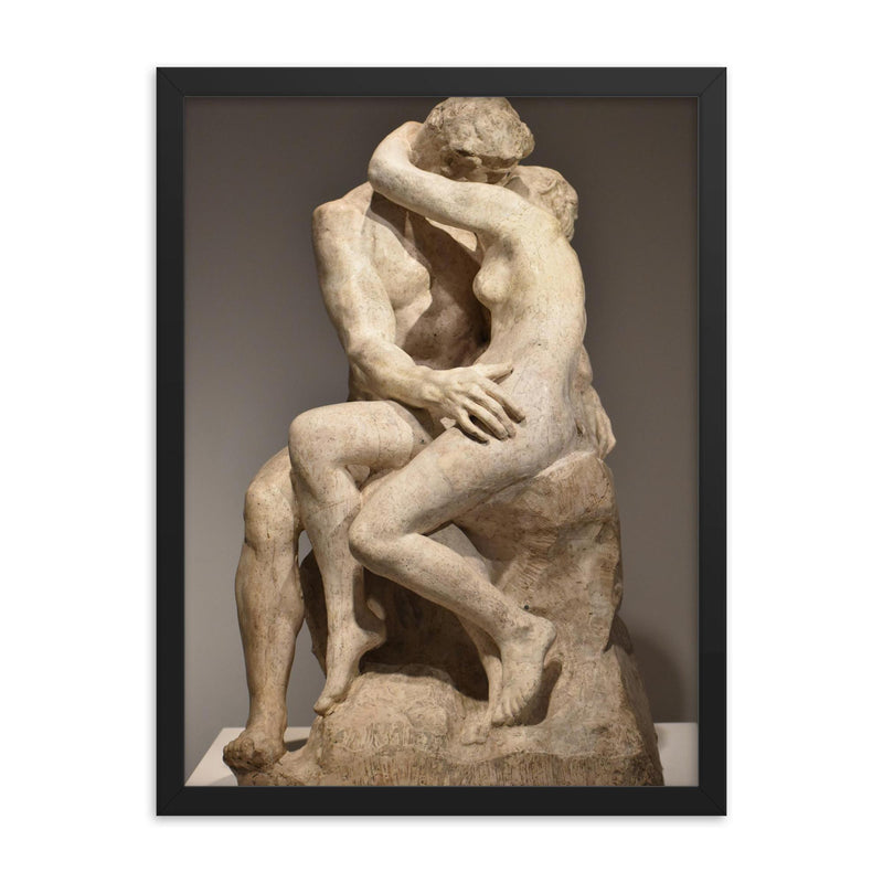 The Kiss Rodin sculpture framed print on a plain backdrop in size 18