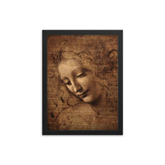 The Lady with Dishevelled Hair - La Scapigliata by Leonardo da Vinci framed print on a plain backdrop in size 12"x16".