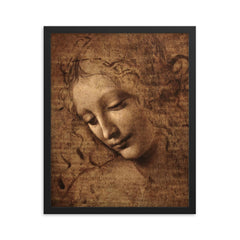 The Lady with Dishevelled Hair - La Scapigliata by Leonardo da Vinci framed print on a plain backdrop in size 16"x20".