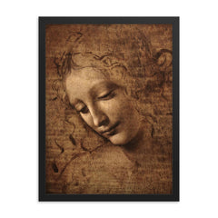 The Lady with Dishevelled Hair - La Scapigliata by Leonardo da Vinci framed print on a plain backdrop in size 18"x24".