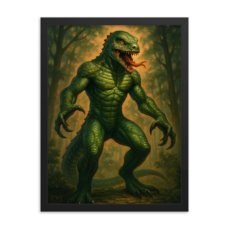 The Lizard Man of Bishopville framed print on a plain backdrop in size 18