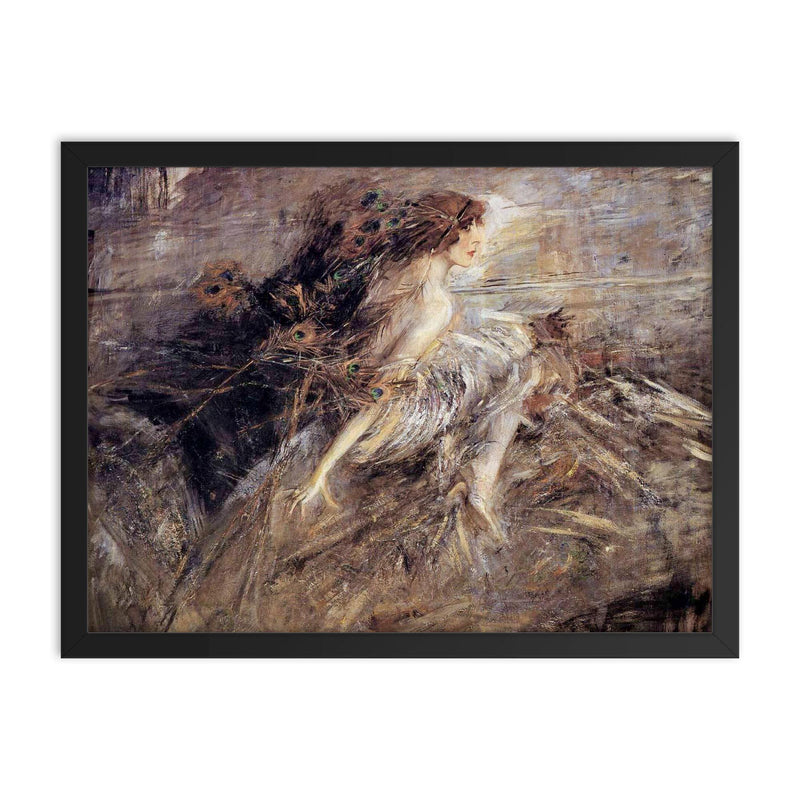 The Marchesa Luisa Casati with Peacock Feathers by Giovanni Boldini, 1911-1913 framed print on a plain backdrop in size 18