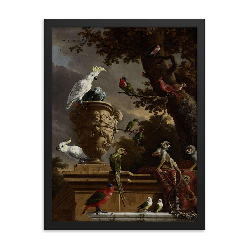 The Menagerie by Melchior d'Hondecoeter, 1690 framed print on a plain backdrop in size 18