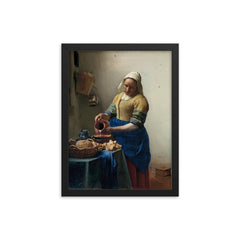 The Milkmaid by Johannes Vermeer, c. 1660 framed print on a plain backdrop in size 12"x16".