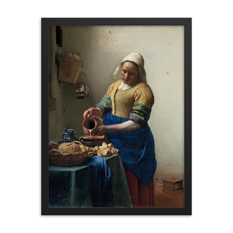 The Milkmaid by Johannes Vermeer, c. 1660 framed print on a plain backdrop in size 18