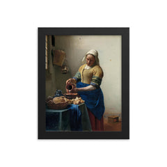 The Milkmaid by Johannes Vermeer, c. 1660 framed print on a plain backdrop in size 8"x10".