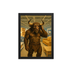 The Minotaur looking lost and confused in the aisles of a modern furniture store framed print on a plain backdrop in size 12"x16".