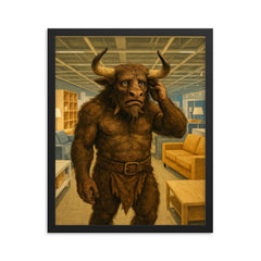 The Minotaur looking lost and confused in the aisles of a modern furniture store framed print on a plain backdrop in size 16"x20".