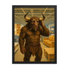 The Minotaur looking lost and confused in the aisles of a modern furniture store framed print on a plain backdrop in size 18"x24".