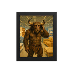 The Minotaur looking lost and confused in the aisles of a modern furniture store framed print on a plain backdrop in size 8"x10".