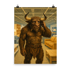 The Minotaur looking lost and confused in the aisles of a modern furniture store poster on a plain backdrop in size 8"x10".