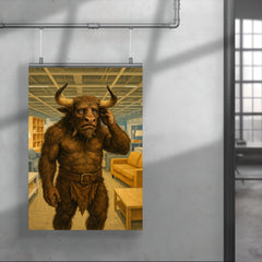 The Minotaur looking lost and confused in the aisles of a modern furniture store poster 4