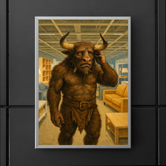 The Minotaur looking lost and confused in the aisles of a modern furniture store poster 5