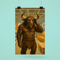 The Minotaur looking lost and confused in the aisles of a modern furniture store poster 6