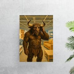 The Minotaur looking lost and confused in the aisles of a modern furniture store poster 7