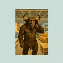 The Minotaur looking lost and confused in the aisles of a modern furniture store poster 8