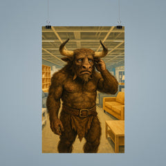 The Minotaur looking lost and confused in the aisles of a modern furniture store poster 9