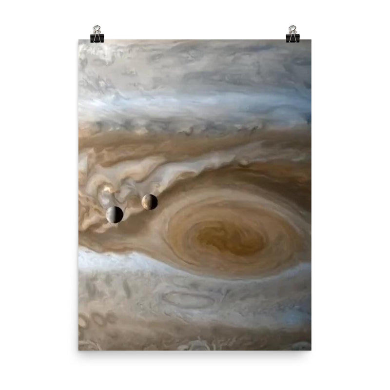 The moons Io and Europe passing by Jupiter, captured by Cassini poster on a plain backdrop in size 8