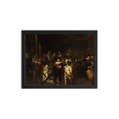 The Night Watch Militia Company of District II under the Command of Captain Frans Banninck Cocq by Rembrandt van Rijn, 1642 framed print on a plain backdrop in size 12"x16".