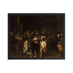 The Night Watch Militia Company of District II under the Command of Captain Frans Banninck Cocq by Rembrandt van Rijn, 1642 framed print on a plain backdrop in size 16"x20".