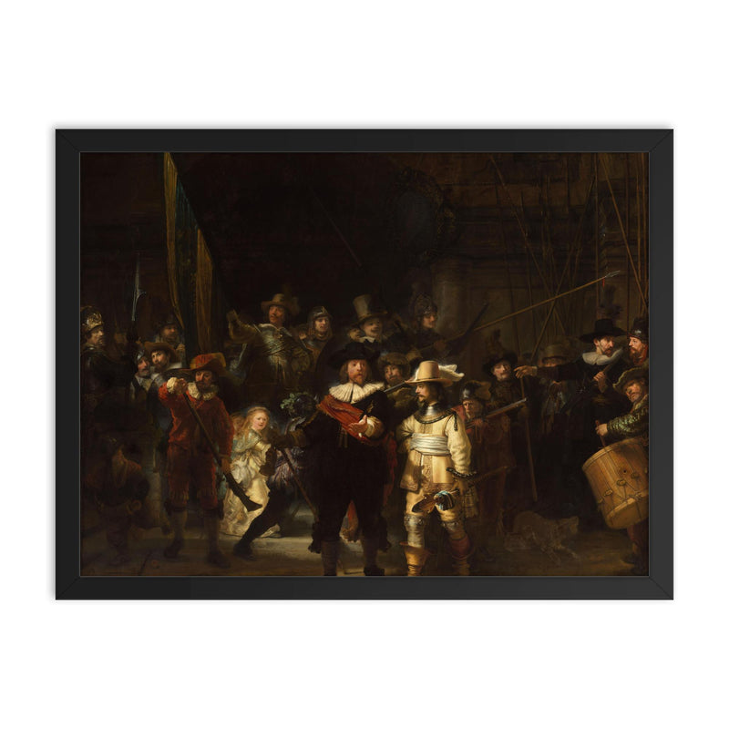 The Night Watch Militia Company of District II under the Command of Captain Frans Banninck Cocq by Rembrandt van Rijn, 1642 framed print on a plain backdrop in size 18