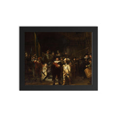 The Night Watch Militia Company of District II under the Command of Captain Frans Banninck Cocq by Rembrandt van Rijn, 1642 framed print on a plain backdrop in size 8"x10".