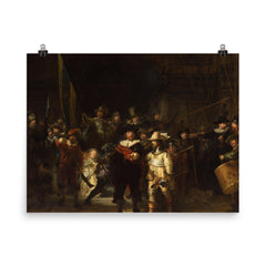 The Night Watch Militia Company of District II under the Command of Captain Frans Banninck Cocq by Rembrandt van Rijn, 1642 poster on a plain backdrop in size 8"x10".