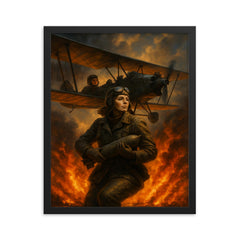The Night Witches over a burning front framed print on a plain backdrop in size 16"x20".