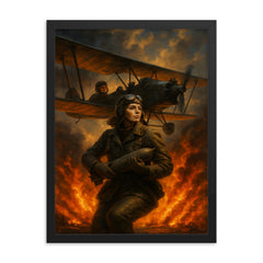 The Night Witches over a burning front framed print on a plain backdrop in size 18"x24".