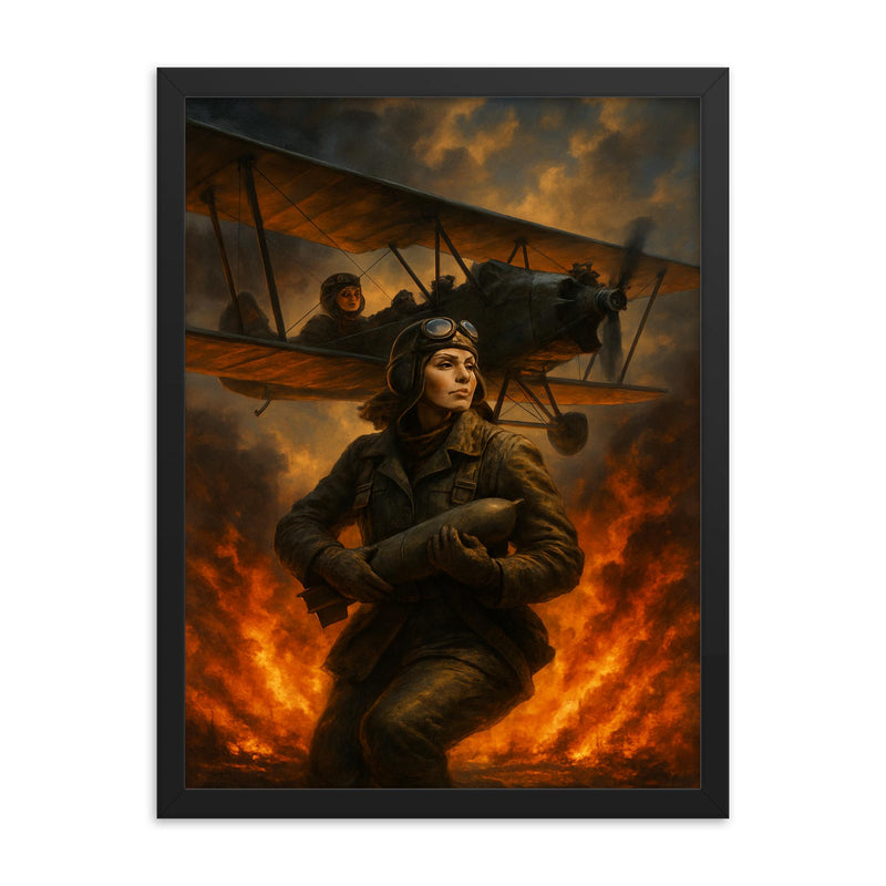 The Night Witches over a burning front framed print on a plain backdrop in size 18