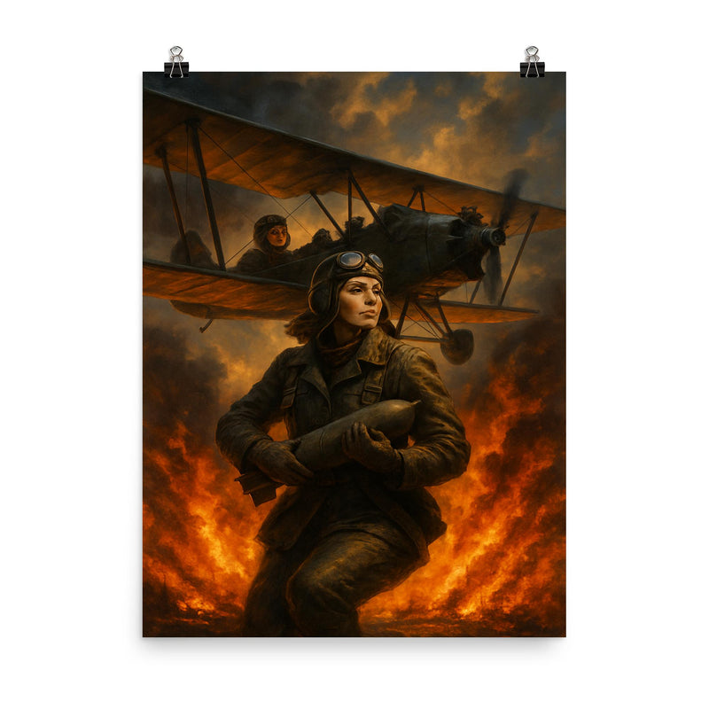 The Night Witches over a burning front poster on a plain backdrop in size 8