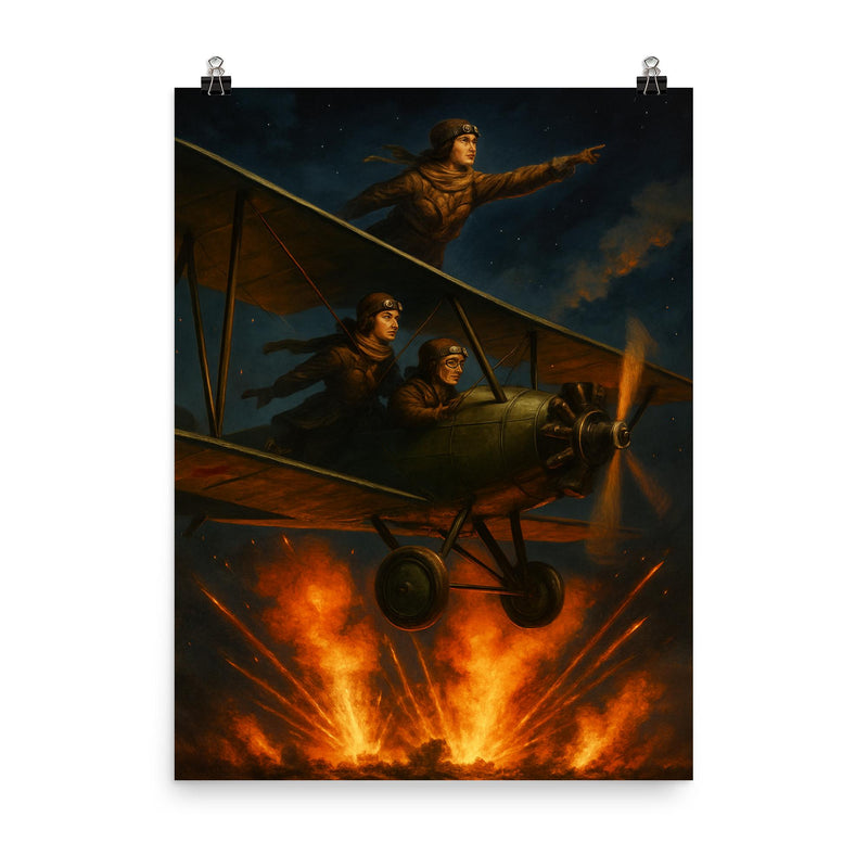 The Night Witches over burning anti aircraft fire poster on a plain backdrop in size 8