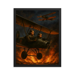 The Night Witches over burning front lines framed print on a plain backdrop in size 16"x20".