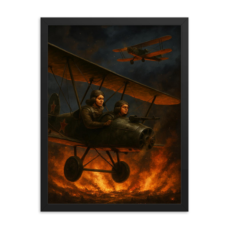 The Night Witches over burning front lines framed print on a plain backdrop in size 18