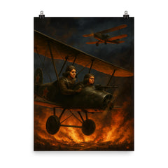 The Night Witches over burning front lines poster on a plain backdrop in size 8"x10".