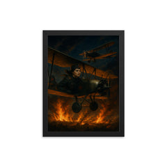 The Night Witches over flaming front lines framed print on a plain backdrop in size 12"x16".