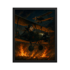The Night Witches over flaming front lines framed print on a plain backdrop in size 16"x20".