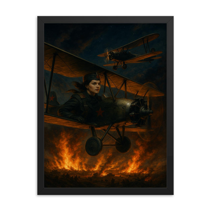 The Night Witches over flaming front lines framed print on a plain backdrop in size 18