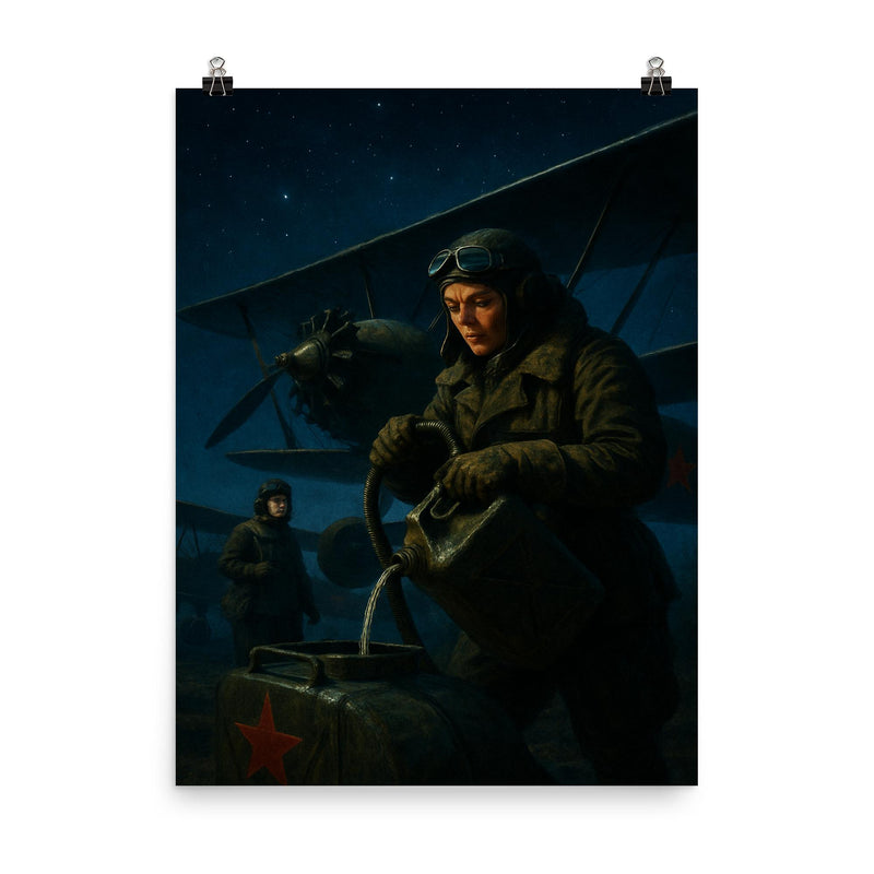 The Night Witches refueling biplanes under moonless sky poster on a plain backdrop in size 8