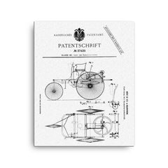 The original official patent for the Benz Motorwagen three wheeled car - first ever car patent canvas print on a plain backdrop in size 16"x20".