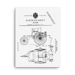 The original official patent for the Benz Motorwagen three wheeled car - first ever car patent canvas print on a plain backdrop in size 18"x24".