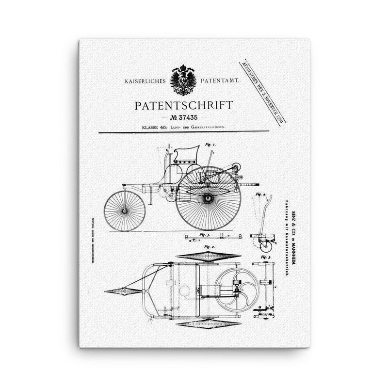 The original official patent for the Benz Motorwagen three wheeled car - first ever car patent canvas print on a plain backdrop in size 18