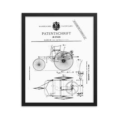 The original official patent for the Benz Motorwagen three wheeled car - first ever car patent framed print on a plain backdrop in size 16"x20".