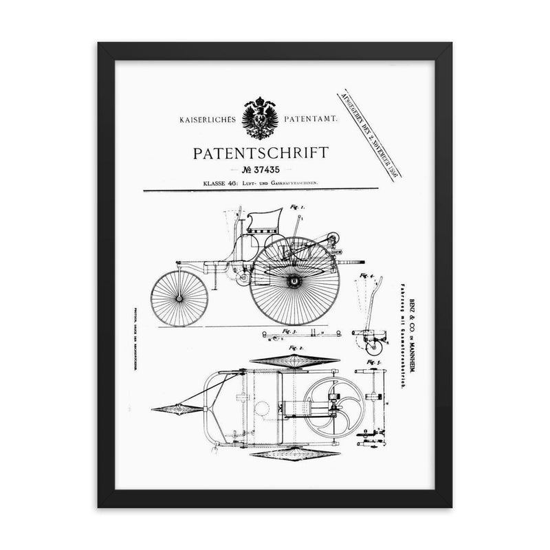 The original official patent for the Benz Motorwagen three wheeled car - first ever car patent framed print on a plain backdrop in size 18