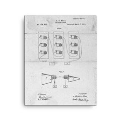 The original patent drawing for the telephone by Alexander Graham Bell, 1876 canvas print on a plain backdrop in size 16"x20".