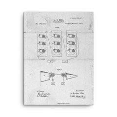 The original patent drawing for the telephone by Alexander Graham Bell, 1876 canvas print on a plain backdrop in size 18"x24".