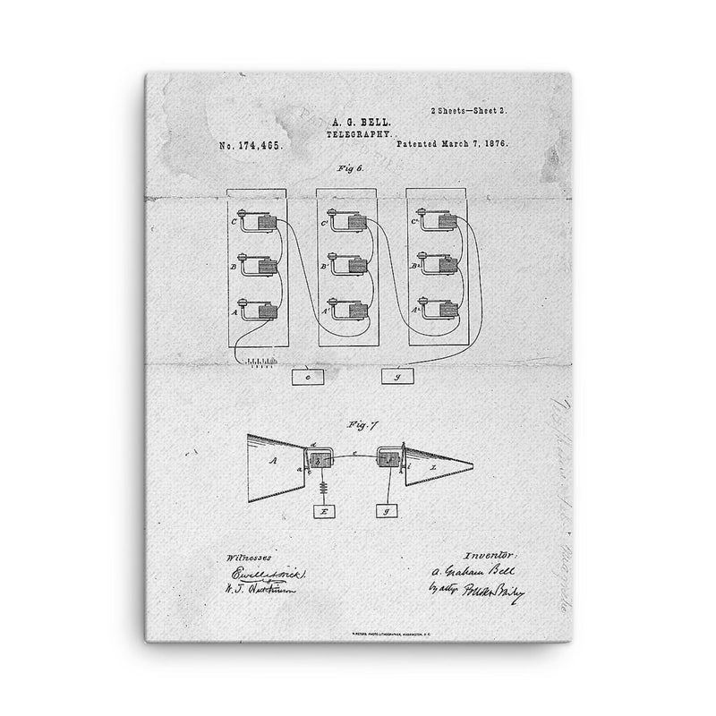 The original patent drawing for the telephone by Alexander Graham Bell, 1876 canvas print on a plain backdrop in size 18