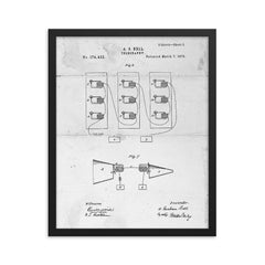 The original patent drawing for the telephone by Alexander Graham Bell, 1876 framed print on a plain backdrop in size 16"x20".