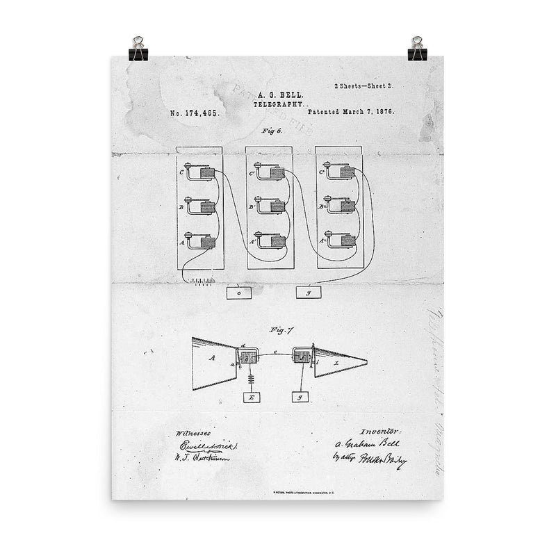 The original patent drawing for the telephone by Alexander Graham Bell, 1876 poster on a plain backdrop in size 8